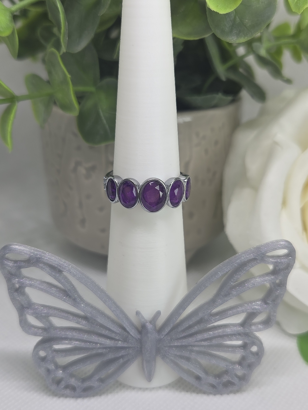 BP Amethyst CZ  Five-Stone Ring On Hematite Plating